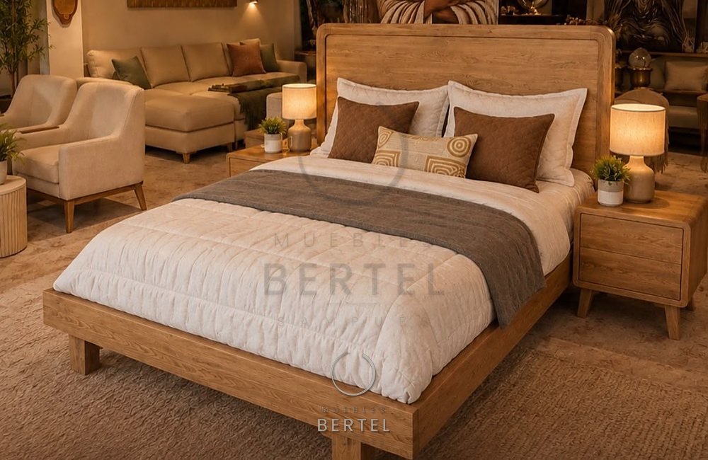 Cama Linoa en roble con nocheros de dos gavetas