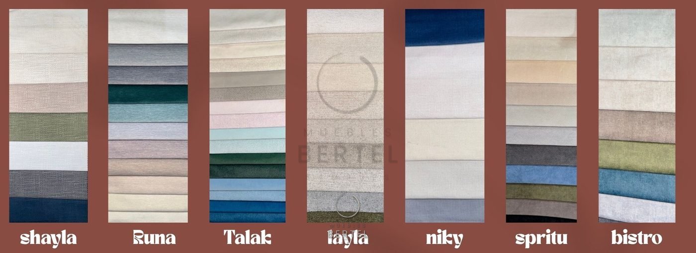 Muestrario de telas Shayla, Runa, Talak, Layla, Niky, Spritu y Bistro en varios colores